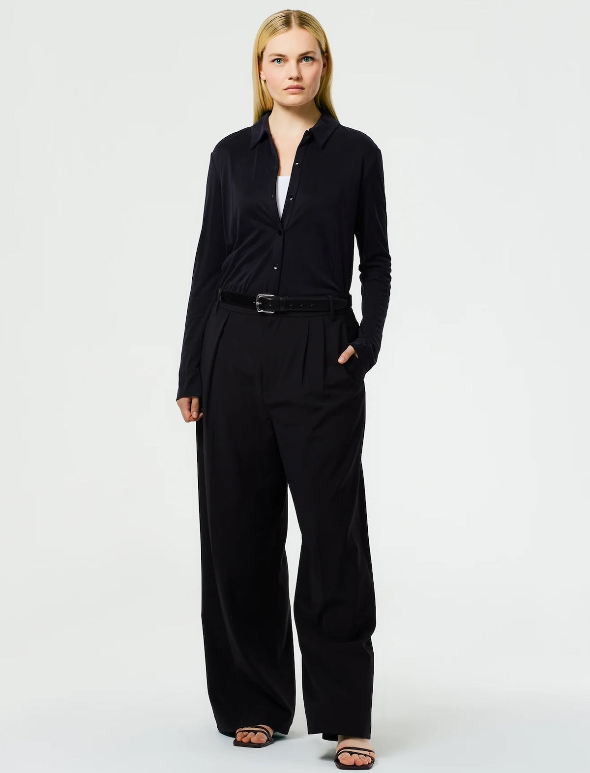 TIBI Deeba Jersey Cupro Slim Shirt in Black