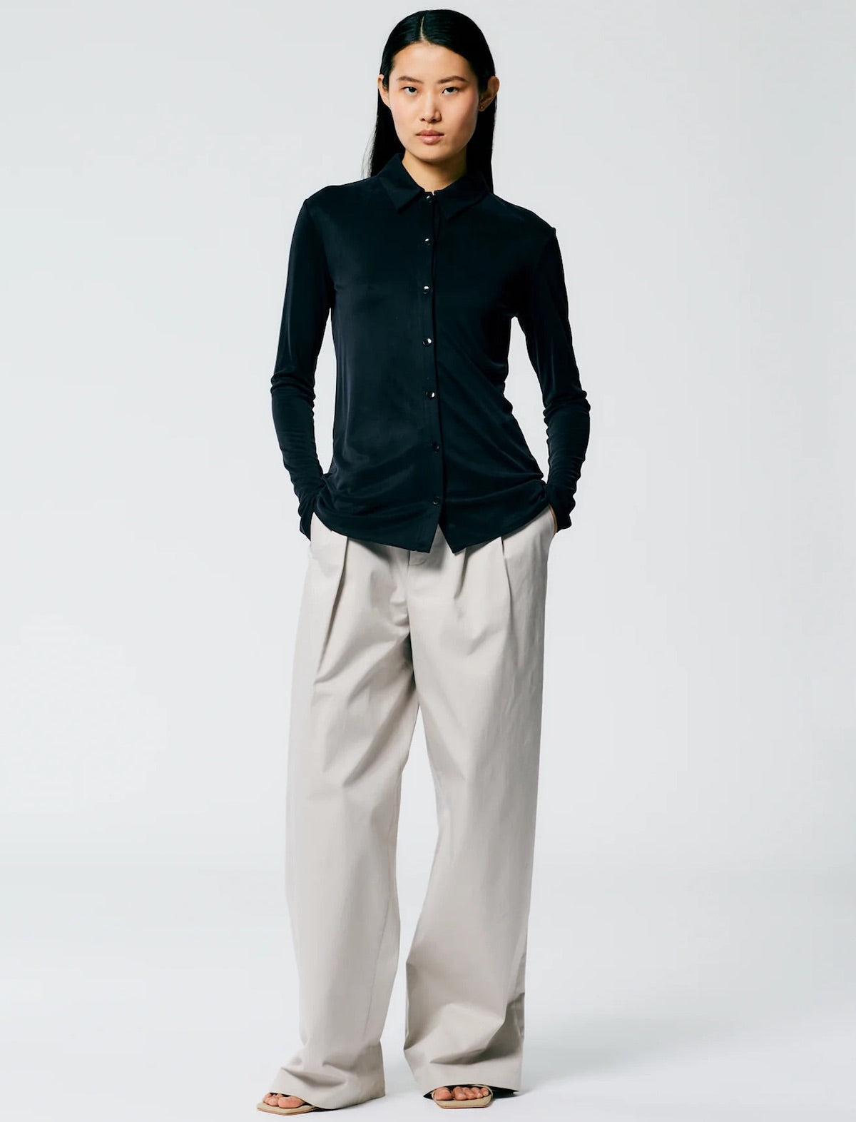 TIBI Deeba Jersey Cupro Slim Shirt in Black