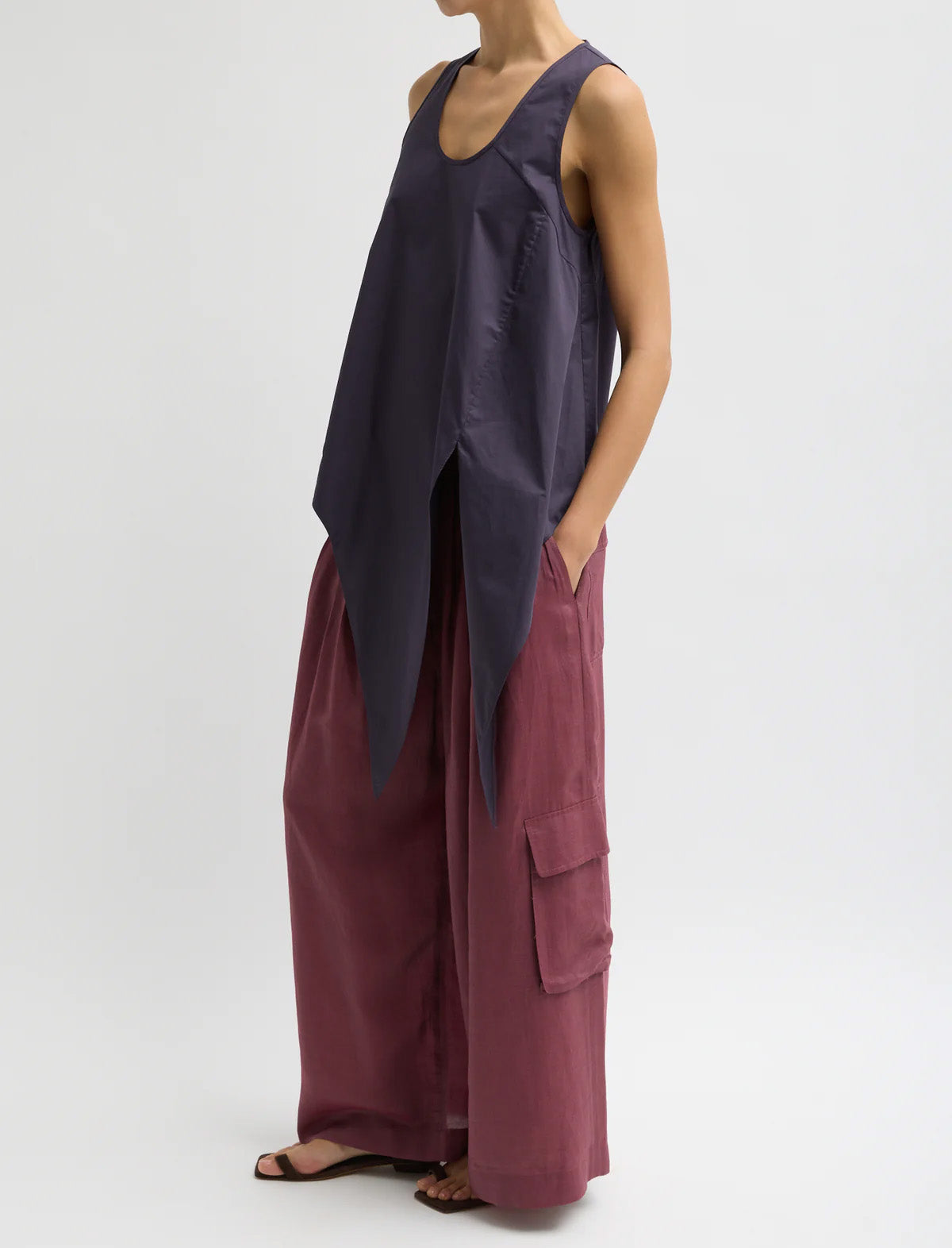TIBI Eco Poplin Tie Front Top in Eggplant