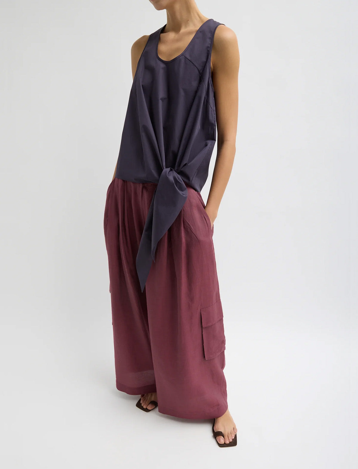 TIBI Eco Poplin Tie Front Top in Eggplant