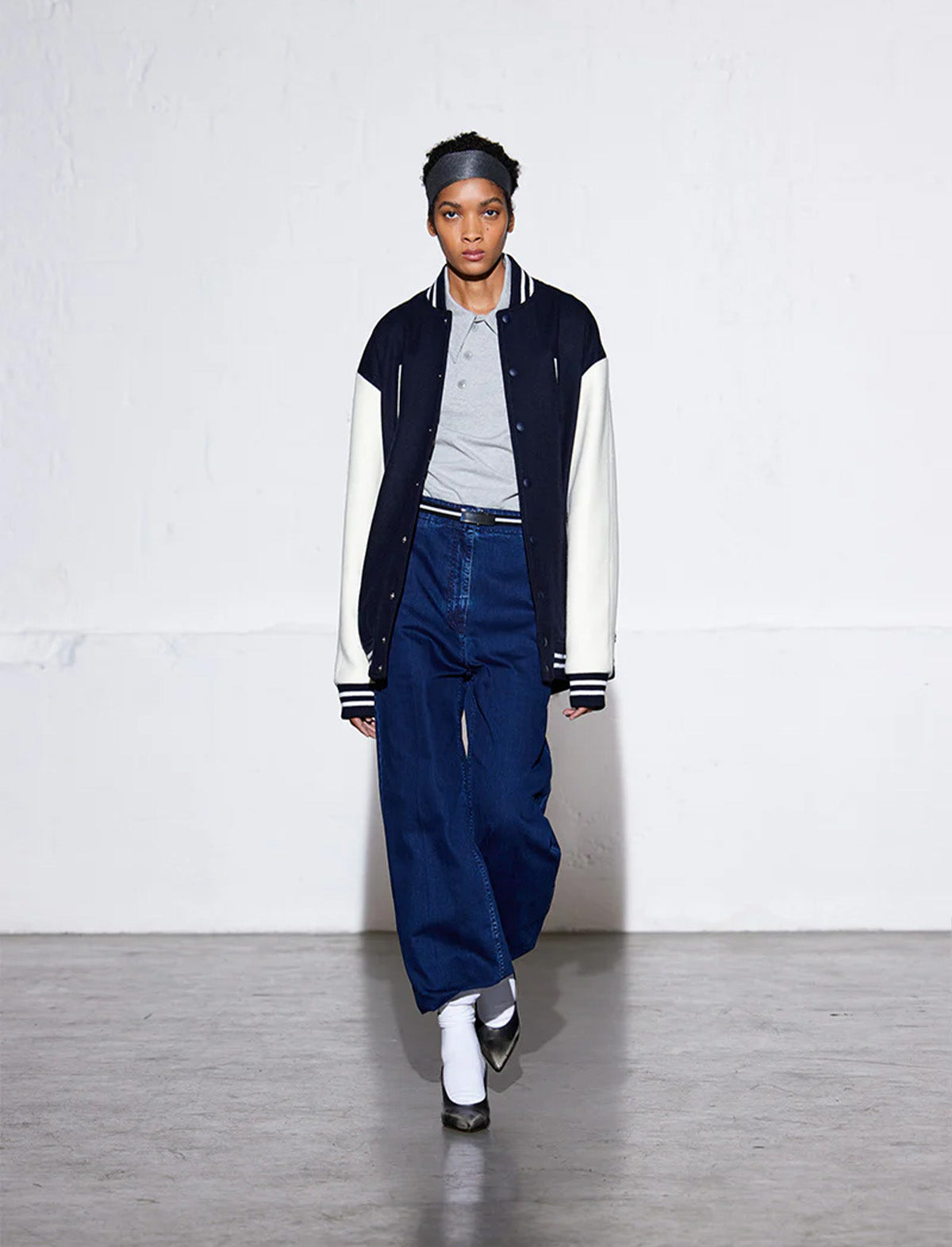 TIBI Felted Wool Cocoon Varsity Bomber in Navy