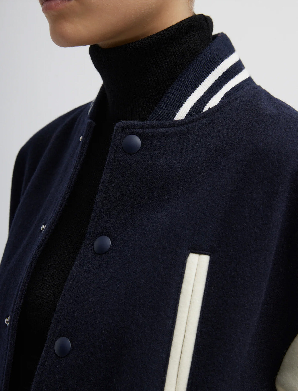 TIBI Felted Wool Cocoon Varsity Bomber in Navy