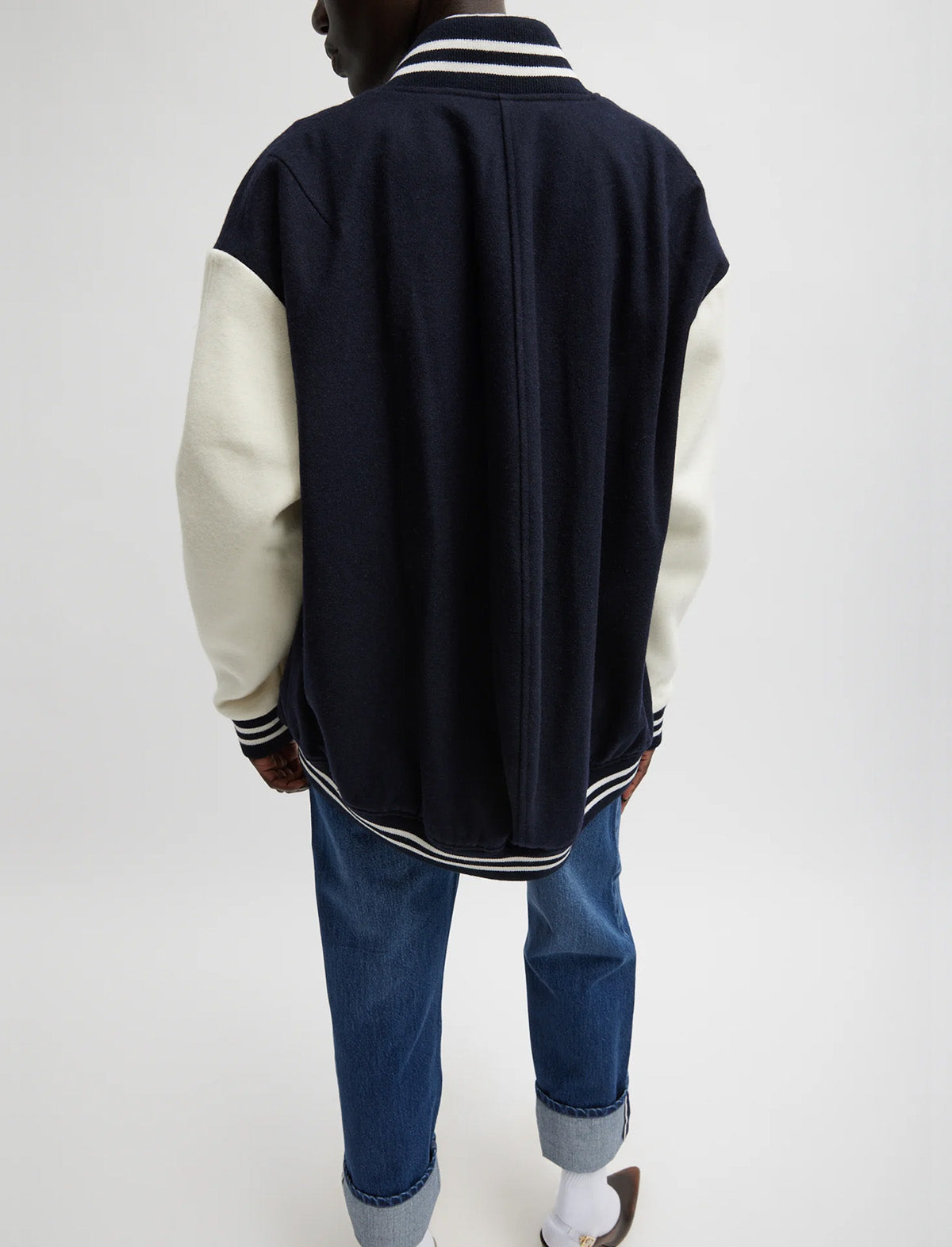 TIBI Felted Wool Cocoon Varsity Bomber in Navy