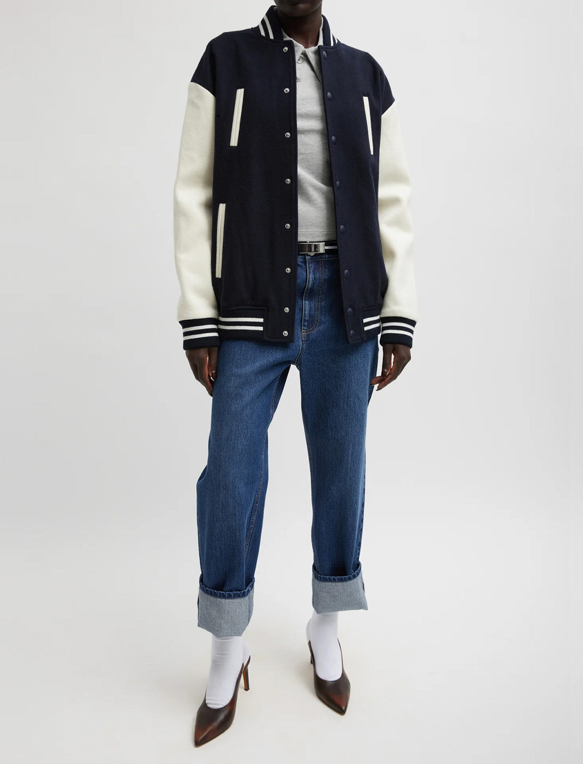 TIBI Felted Wool Cocoon Varsity Bomber in Navy