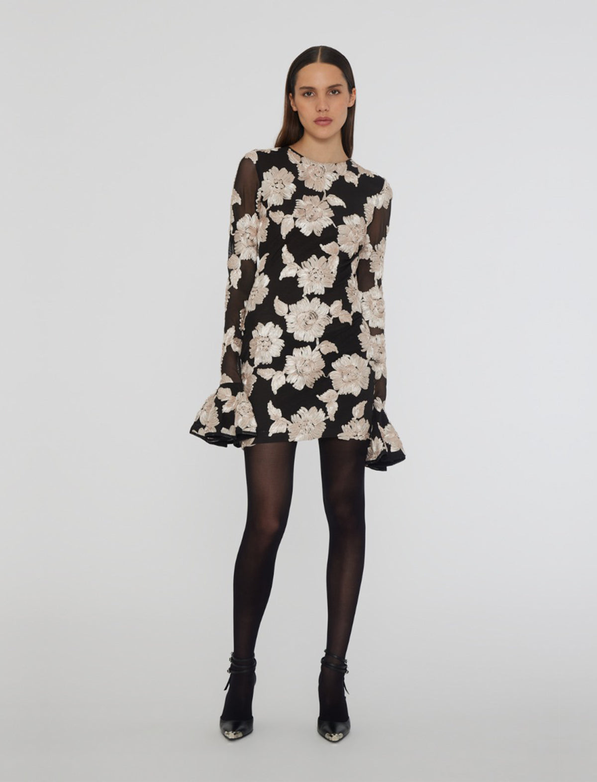ROTATE BIRGER CHRISTENSEN Flower Mesh Open-Back Dress in Black/ White