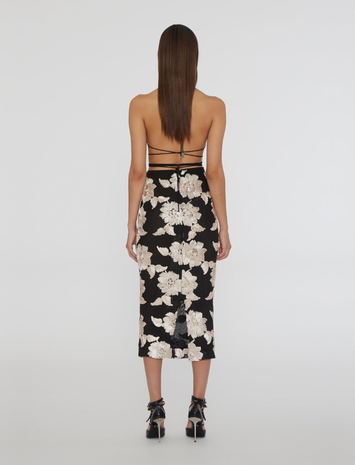 ROTATE BIRGER CHRISTENSEN Flower Mesh Midi Skirt in Black/ White
