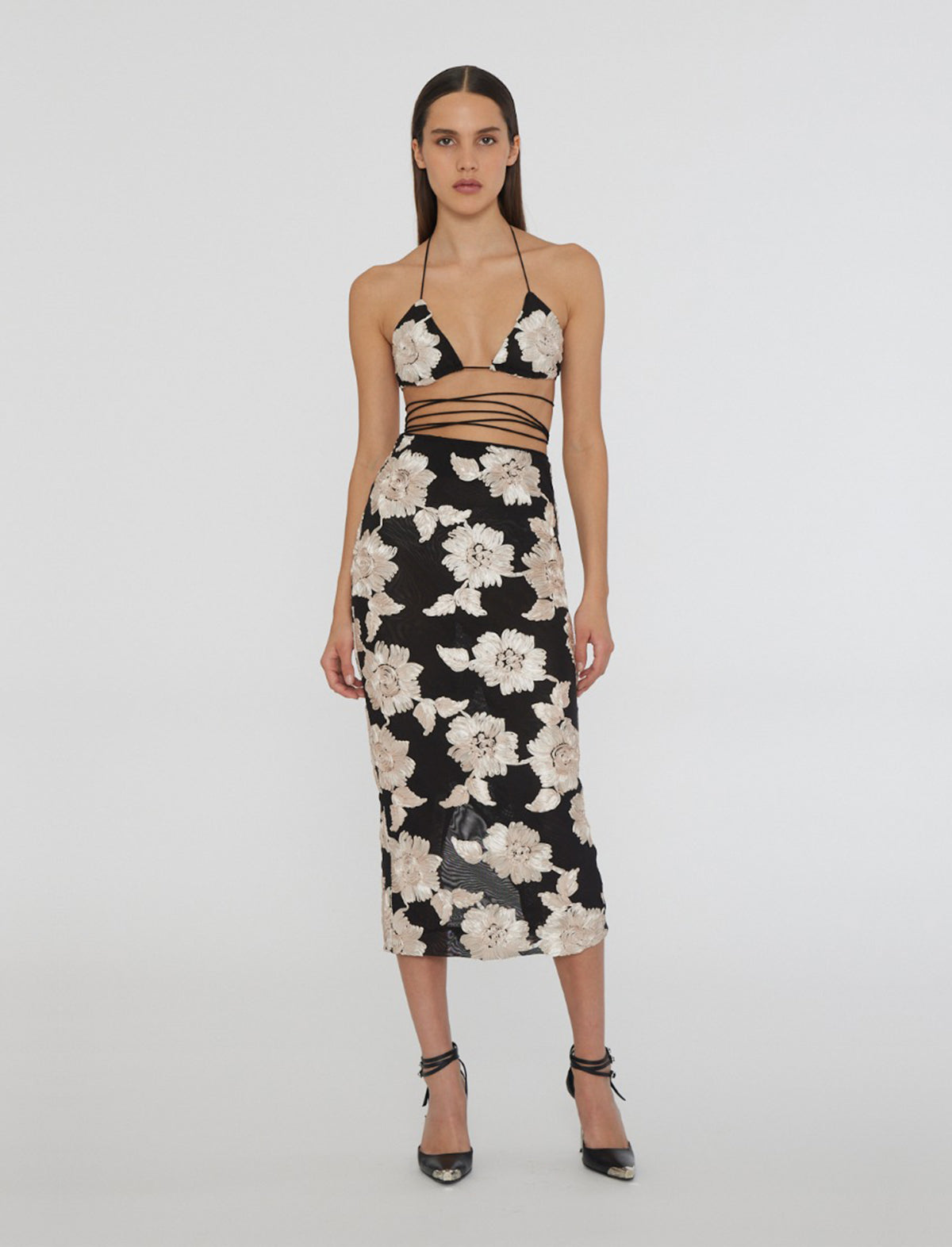 ROTATE BIRGER CHRISTENSEN Flower Mesh Midi Skirt in Black/ White