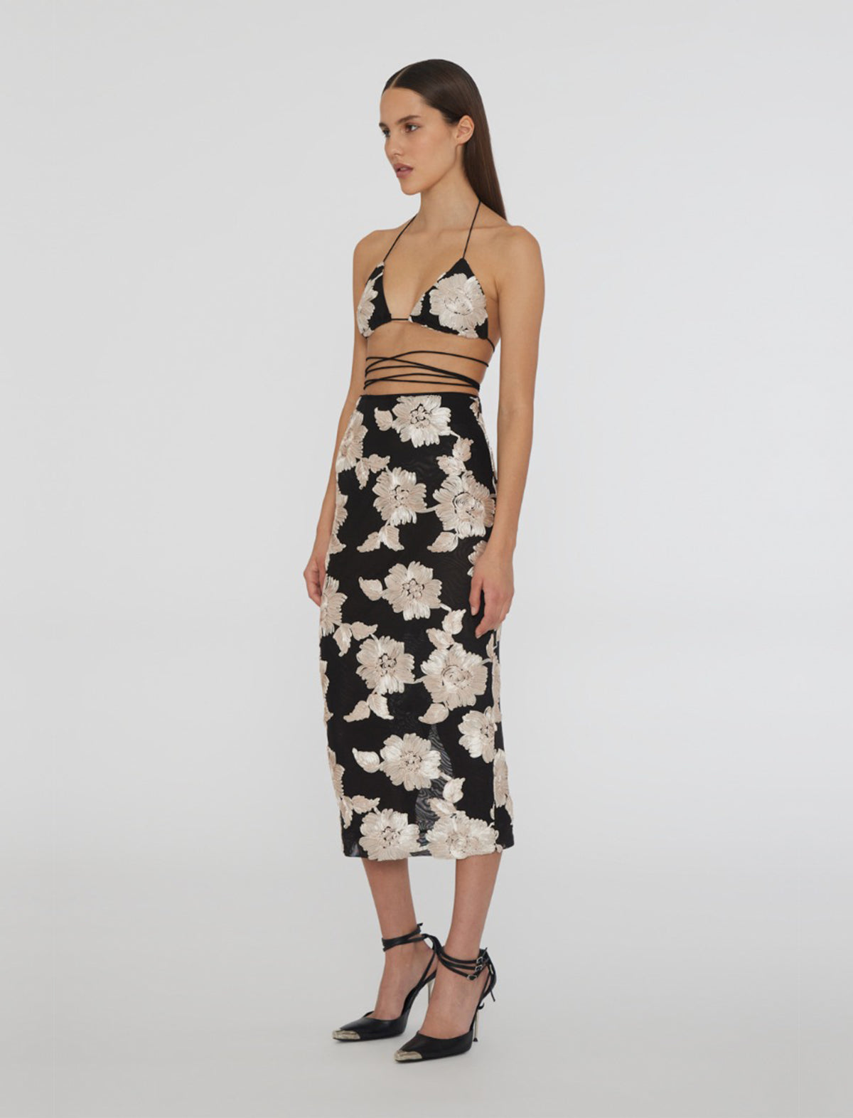 ROTATE BIRGER CHRISTENSEN Flower Mesh Midi Skirt in Black/ White