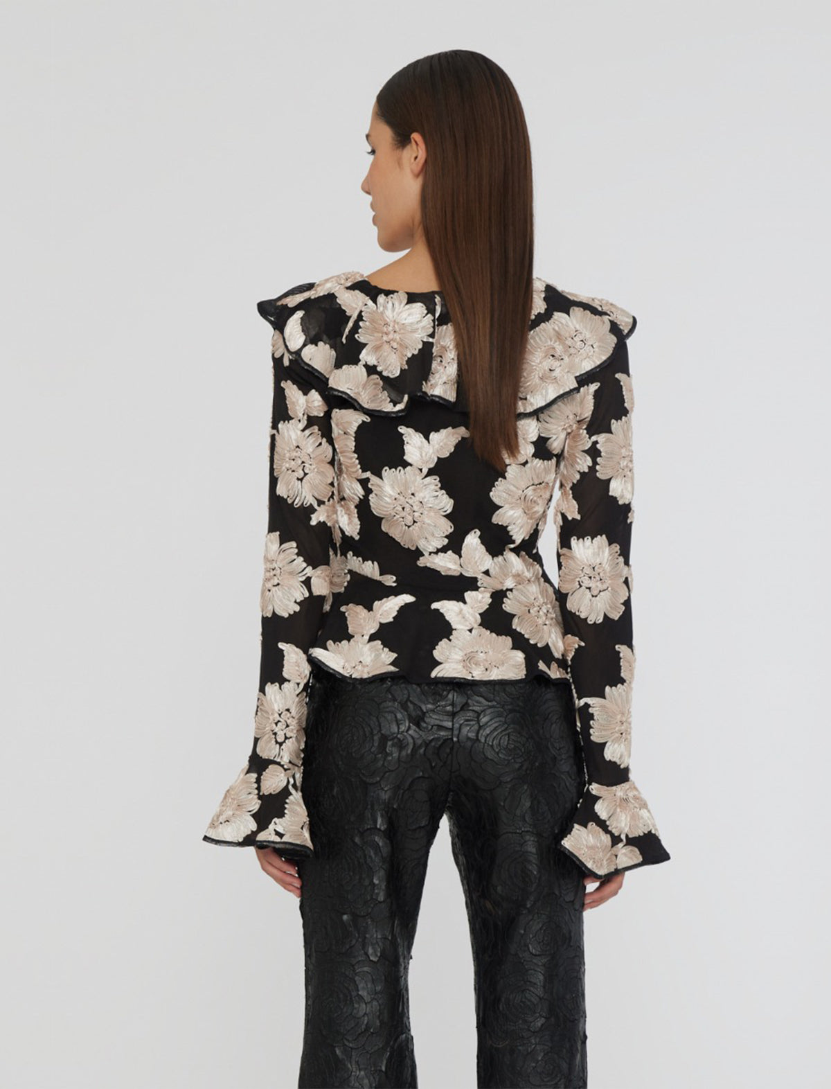 ROTATE BIRGER CHRISTENSEN Flower Mesh Ruffle Top in Black/ White