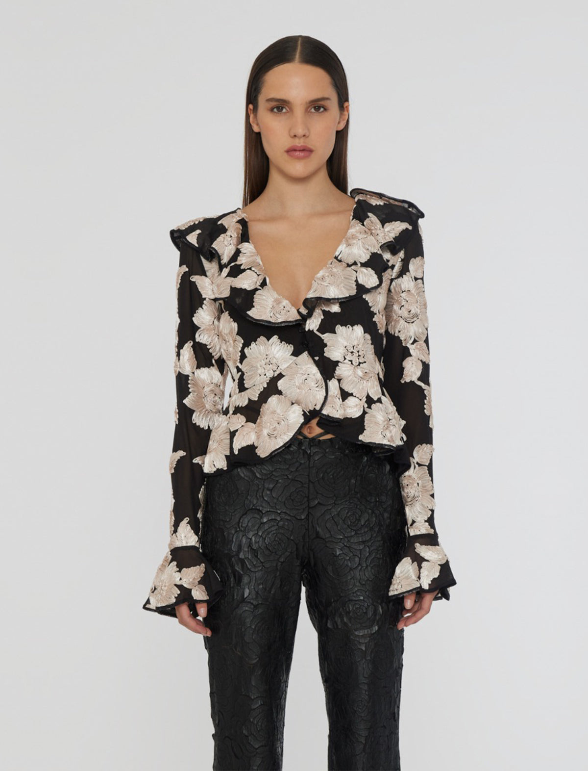 ROTATE BIRGER CHRISTENSEN Flower Mesh Ruffle Top in Black/ White