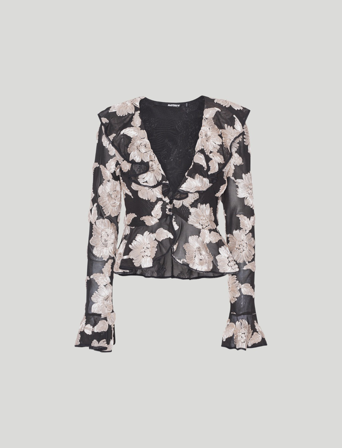 ROTATE BIRGER CHRISTENSEN Flower Mesh Ruffle Top in Black/ White