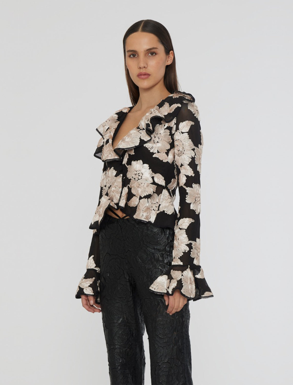 ROTATE BIRGER CHRISTENSEN Flower Mesh Ruffle Top in Black/ White