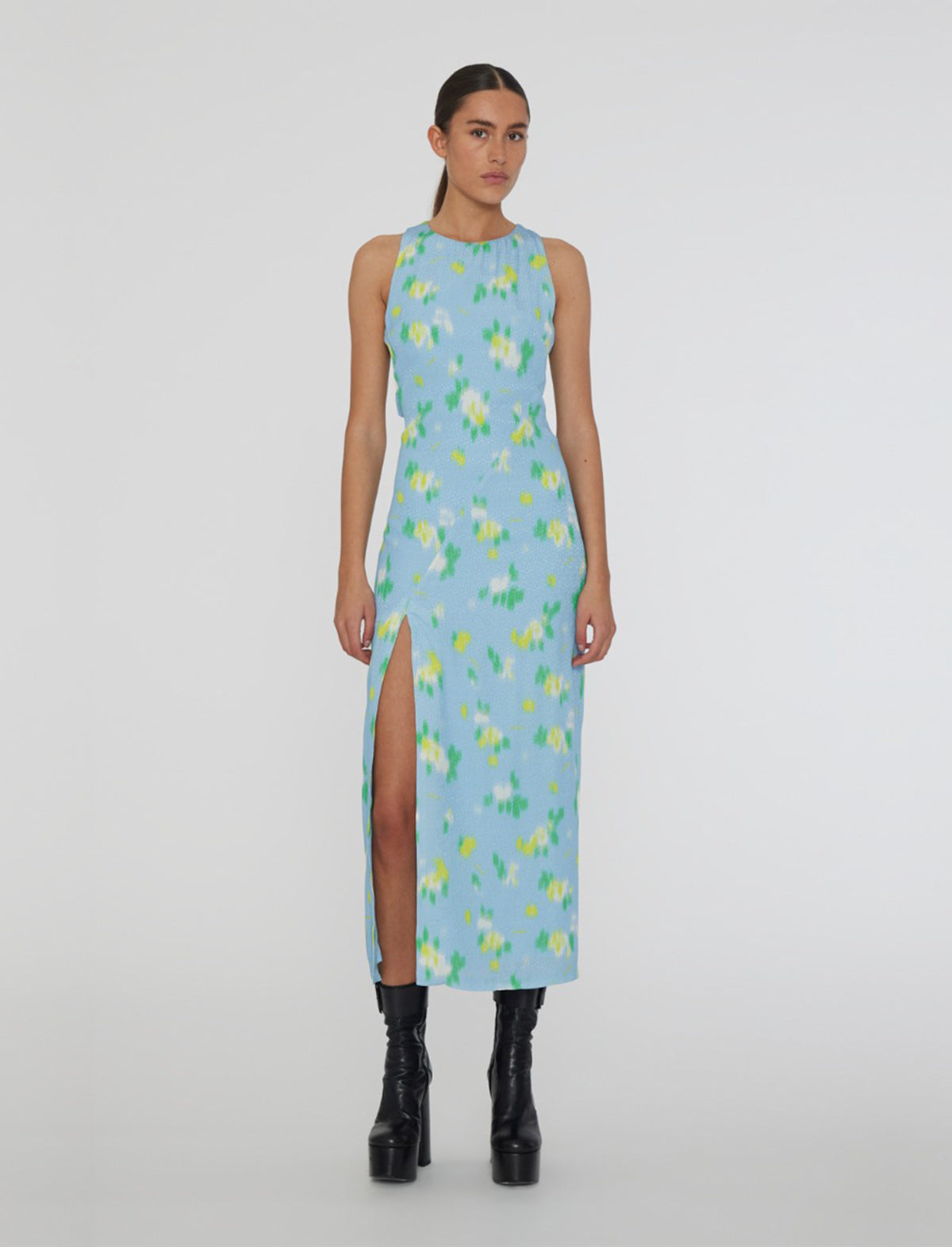 ROTATE BIRGER CHRISTENSEN Jacquard Midi Slit Dress in Blue Print