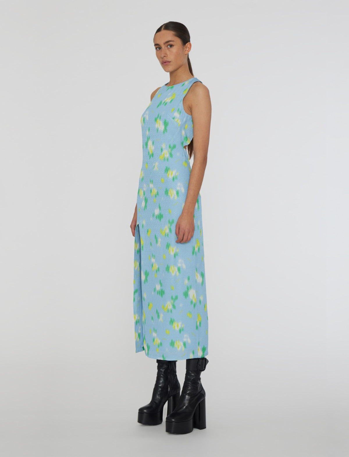 ROTATE BIRGER CHRISTENSEN Jacquard Midi Slit Dress in Blue Print