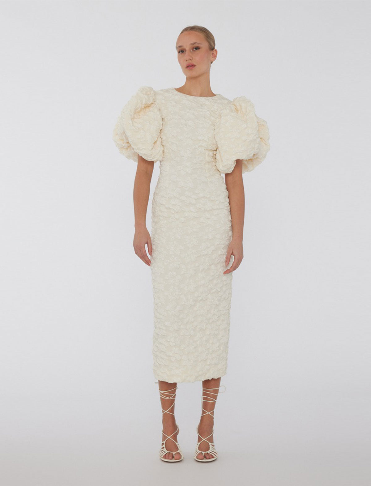 ROTATE Birger Christensen Jacquard Puffy Midi Dress in Egret