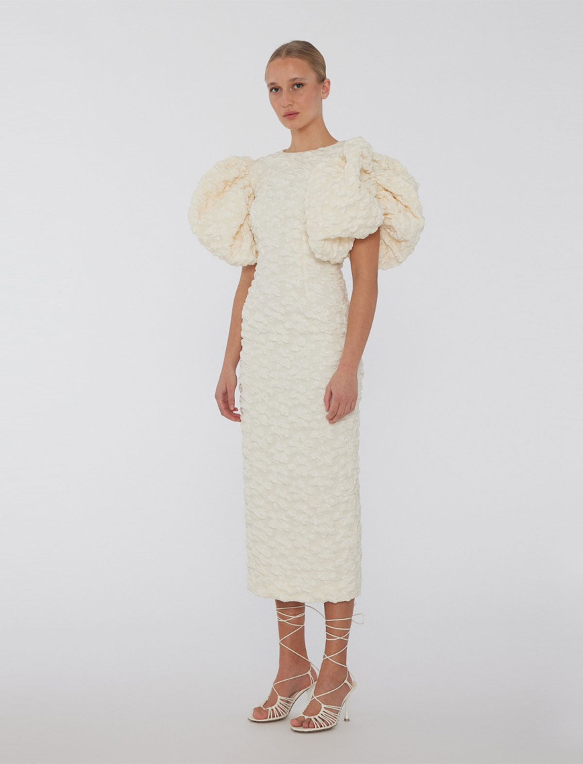 ROTATE Birger Christensen Jacquard Puffy Midi Dress in Egret