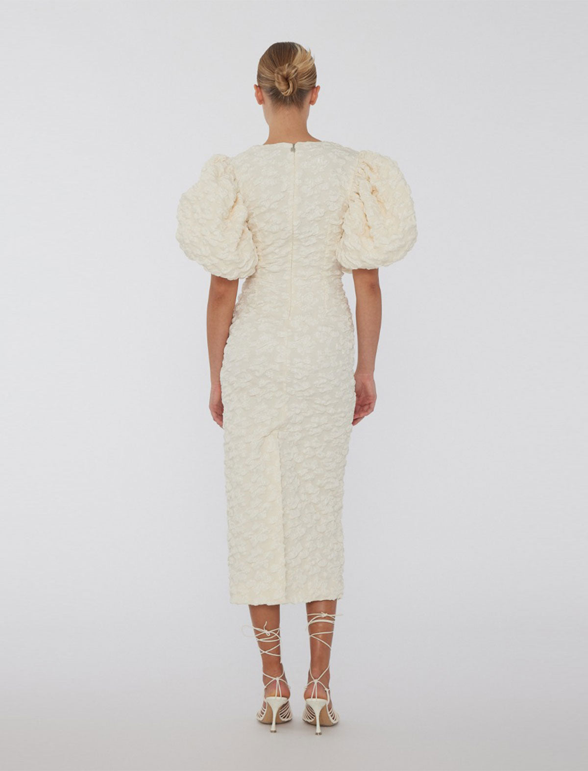ROTATE Birger Christensen Jacquard Puffy Midi Dress in Egret