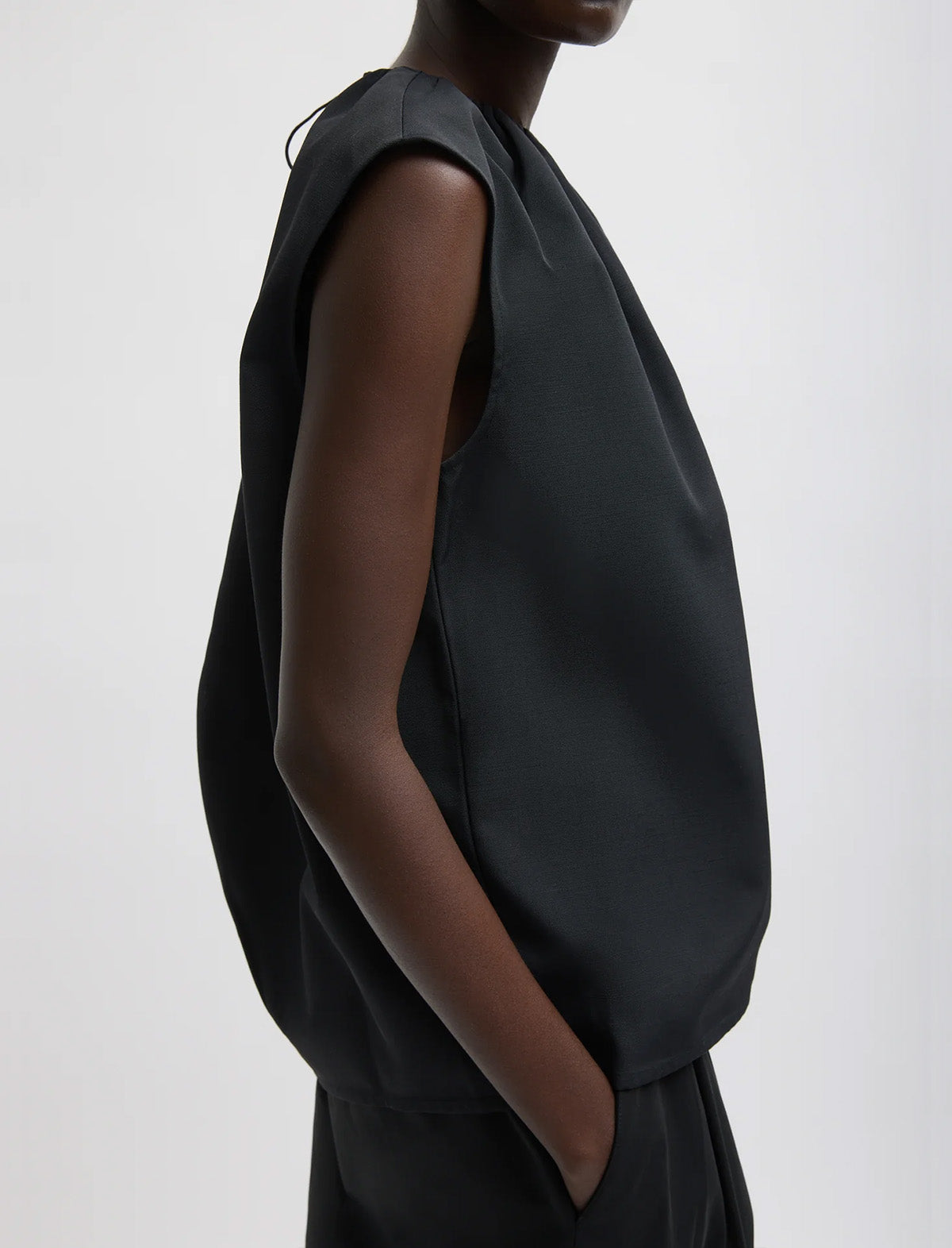 TIBI Lotte Nylon Shirred Neck Top in Black