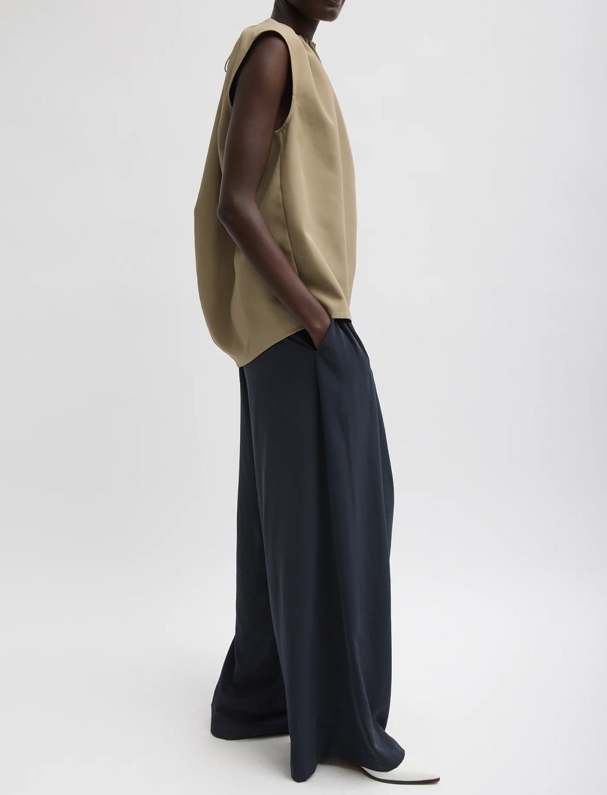 TIBI Lotte Nylon Shirred Neck Top in Khaki