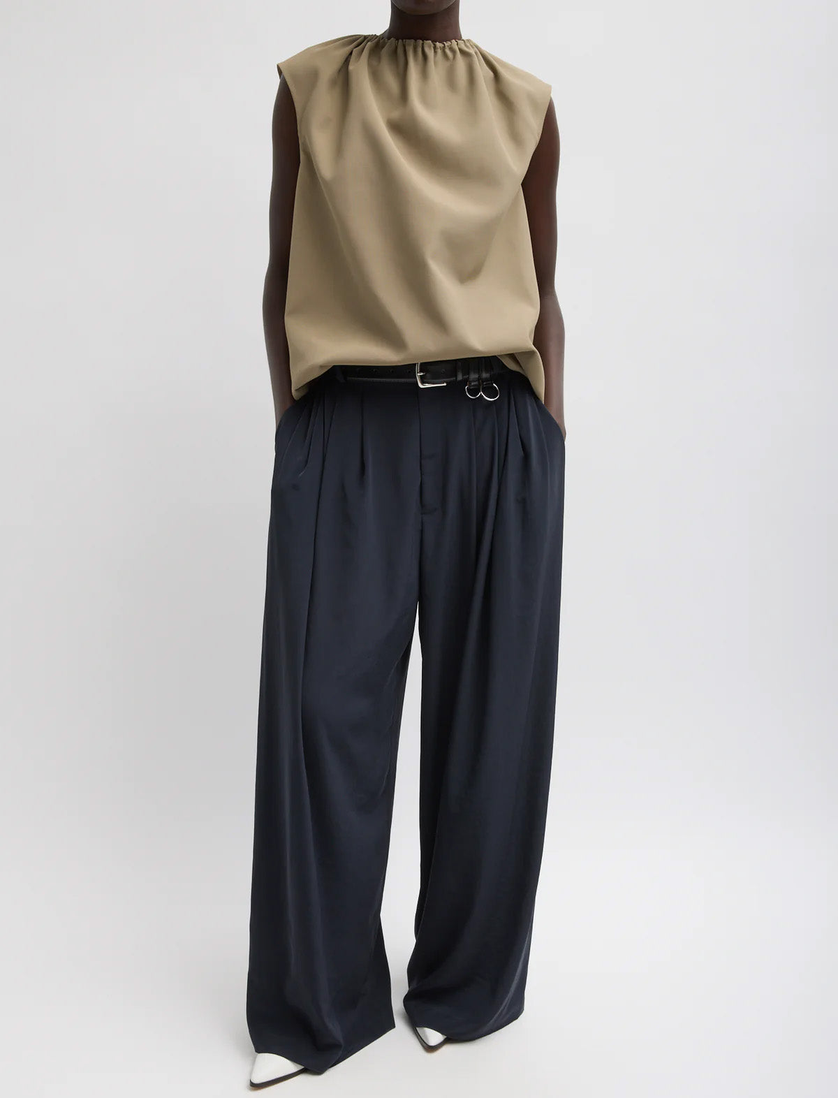TIBI Lotte Nylon Shirred Neck Top in Khaki