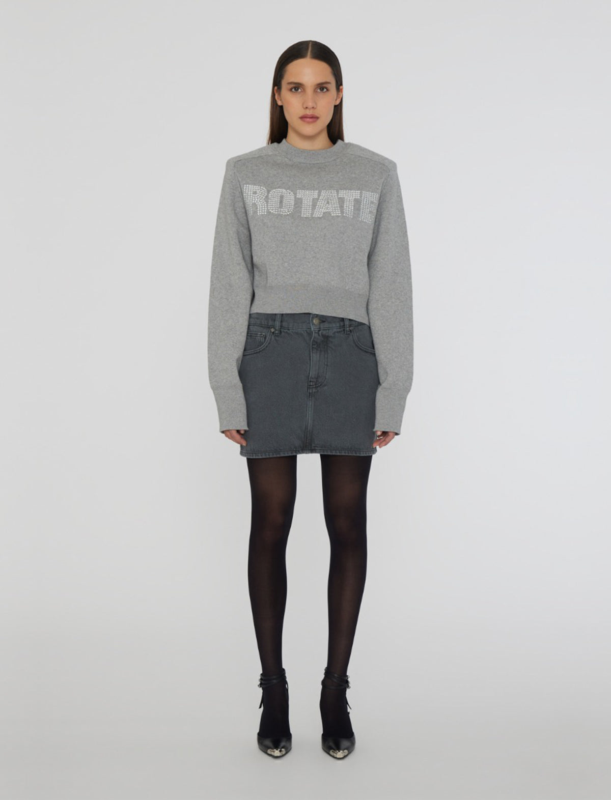 ROTATE BIRGER CHRISTENSEN Mini Low Waist Denim Skirt in Grey