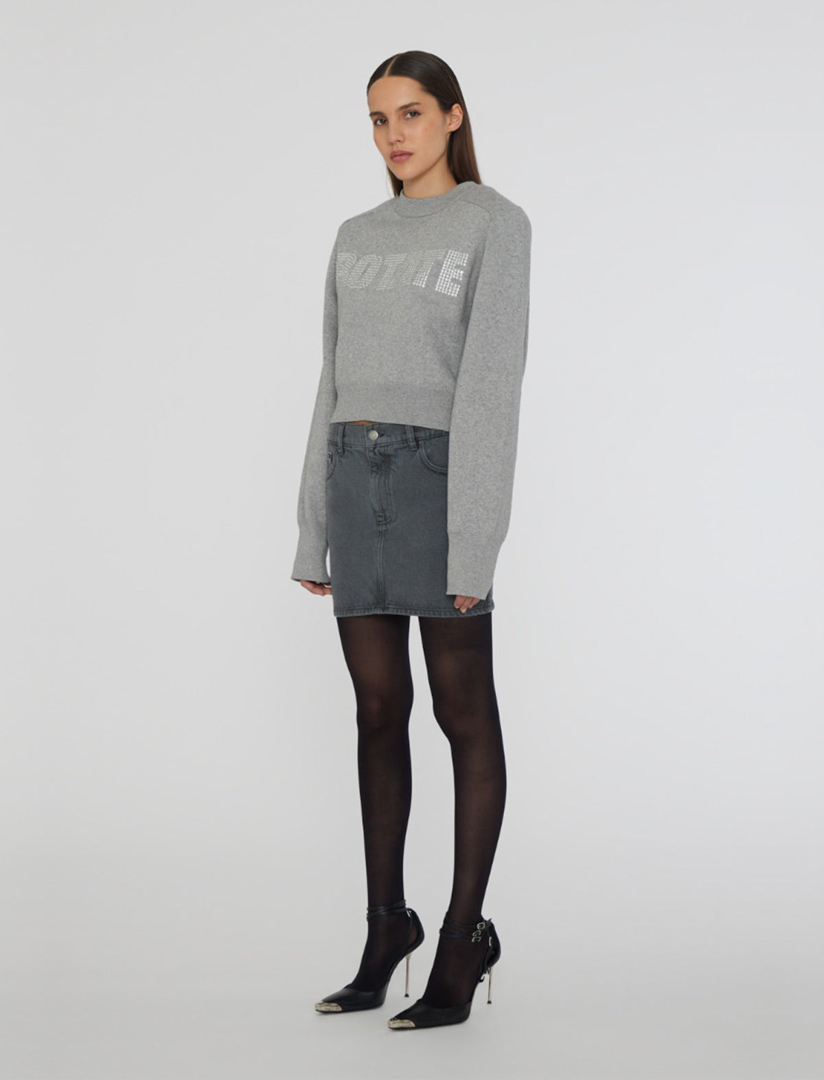 ROTATE BIRGER CHRISTENSEN Mini Low Waist Denim Skirt in Grey