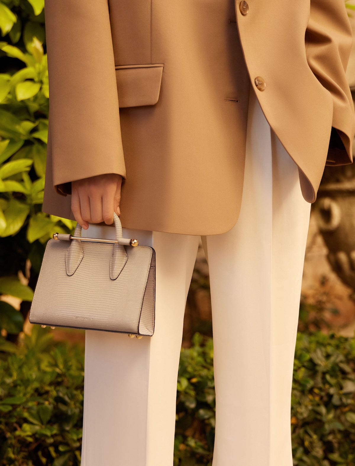 STRATHBERRY Nano Tote Bag in Lizard-Embossed Leather Oat