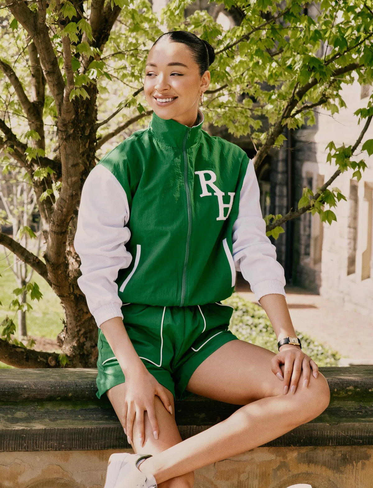 RECREATIONAL HABITS Yale Nylon Zip-Up Windbreaker in Green/ White