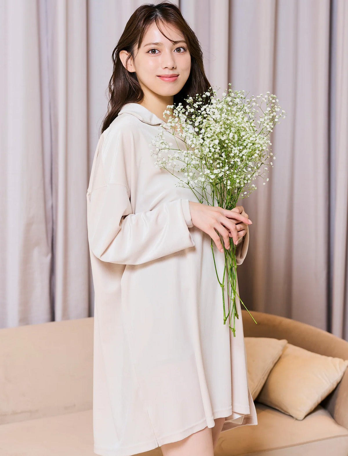 RICORD V-Neck Velour Dress in Off White
