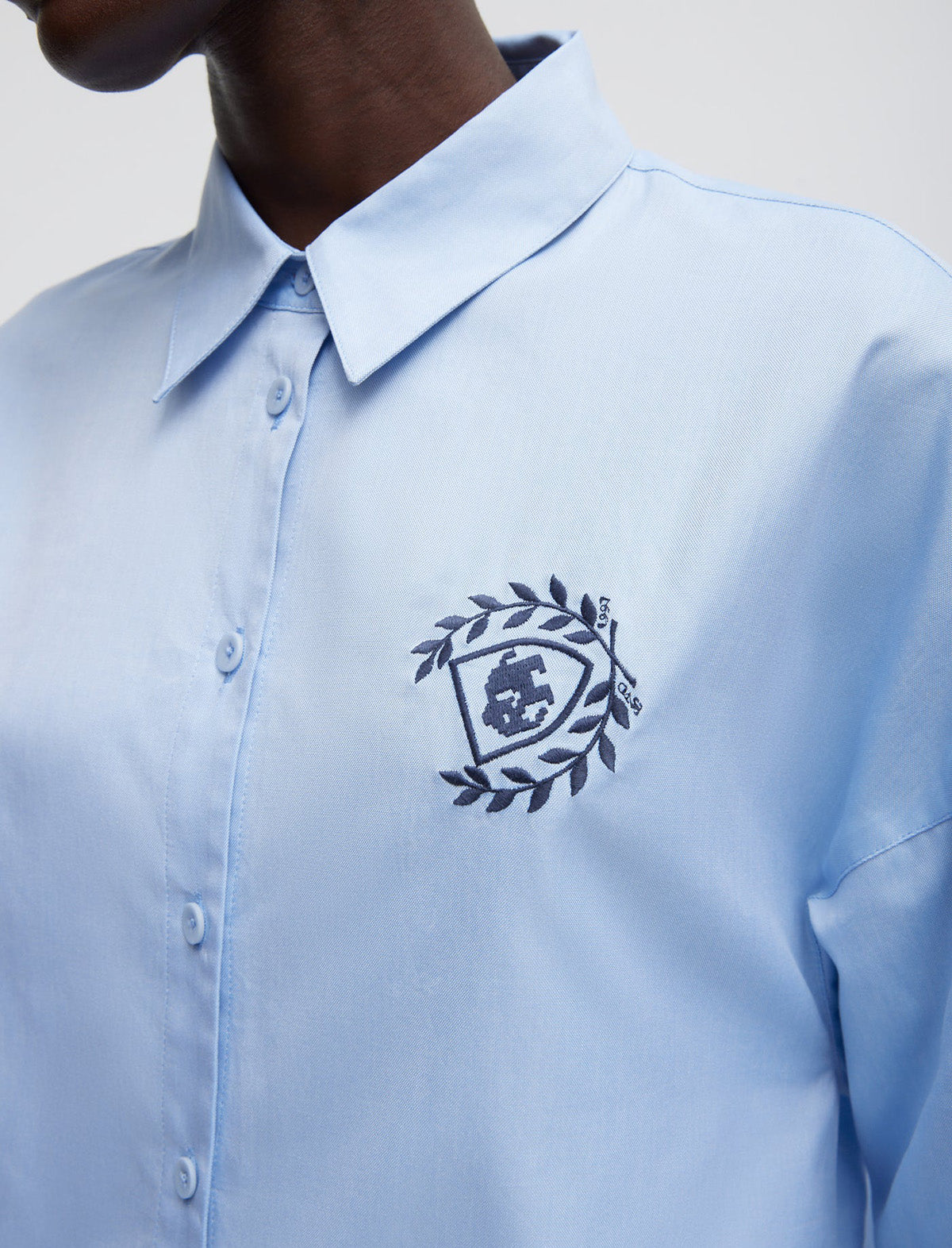 TIBI Oxford Shirting Crest Gabe Oversized Shirt in Light Blue