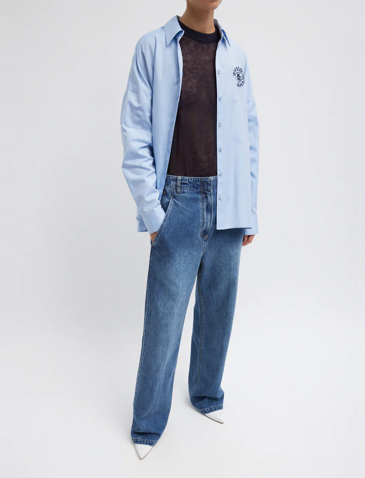 TIBI Oxford Shirting Crest Gabe Oversized Shirt in Light Blue