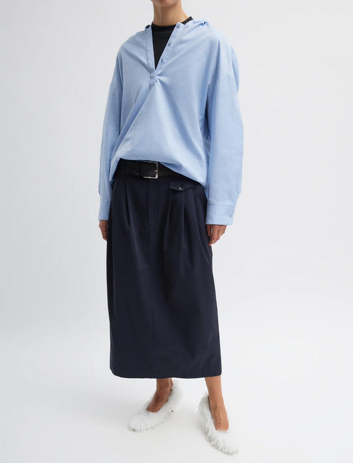 TIBI Oxford Shirting Hooded Shirt in Light Blue