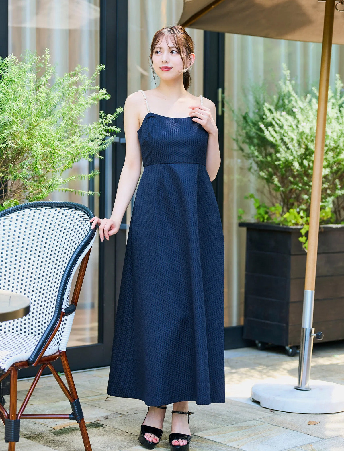 RICORD Pearl Strap Long Dress In Navy