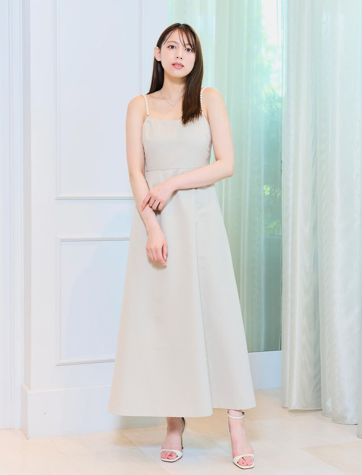 RICORD Pearl Strap Long Dress in Beige | CLOSET Singapore RICORD Pearl Strap Long Dress in Beige | CLOSET Singapore