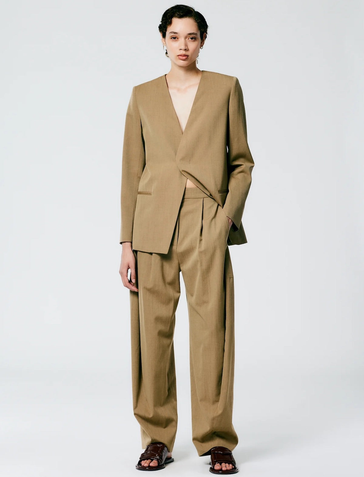 TIBI Refined Wool Tricotine Suiting Blazer in Tan