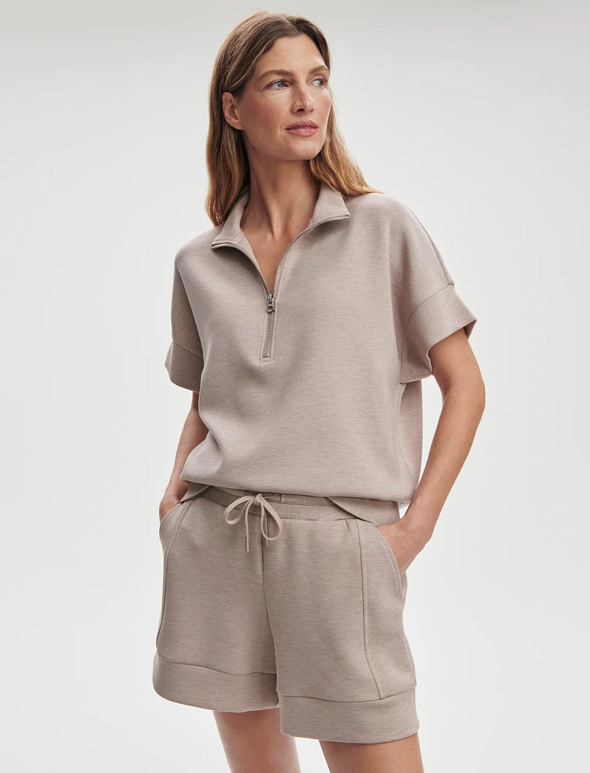 VARLEY Ritchie Short Sleeve Sweat in Taupe Marl