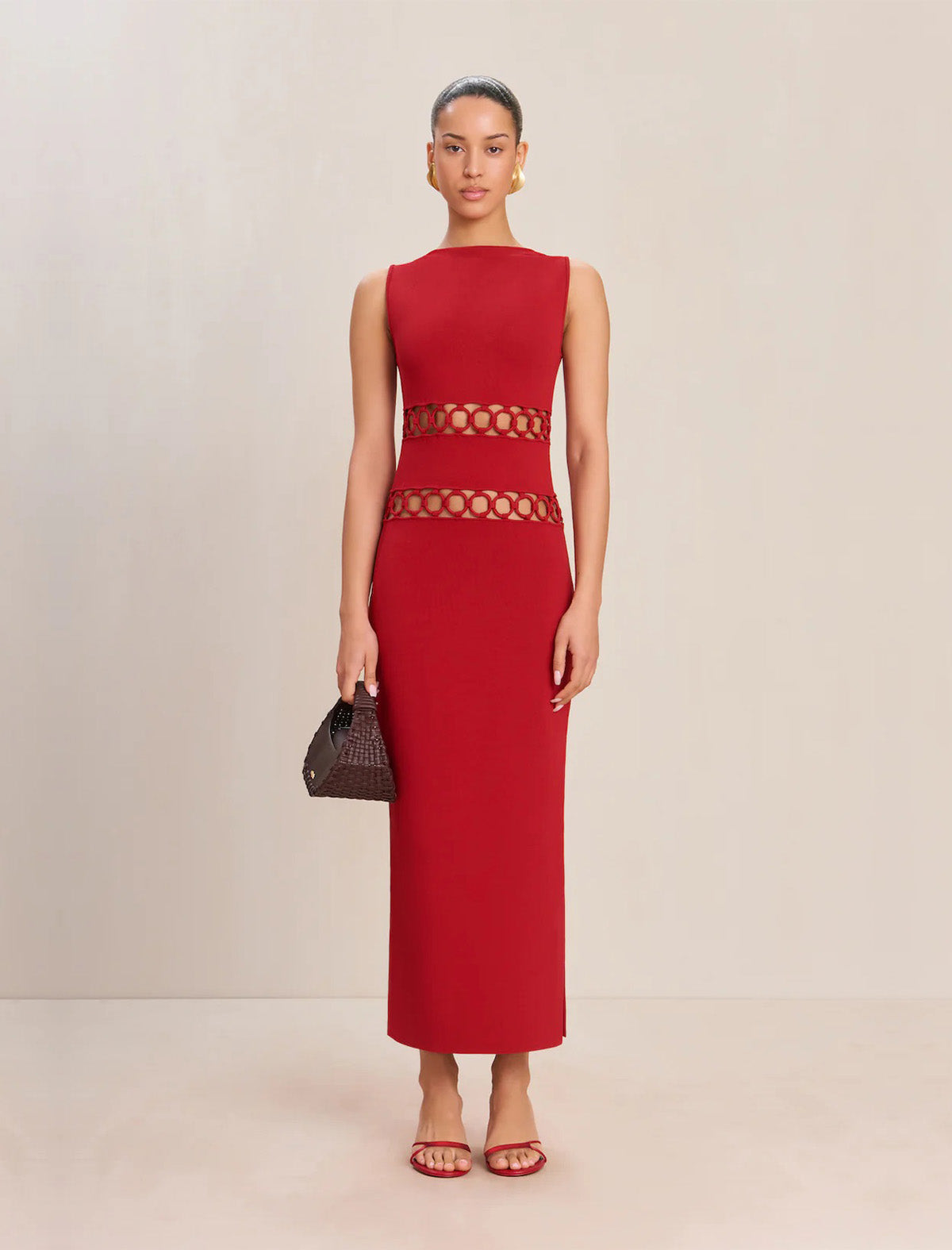 cult gaia river knit dress River cutout embellished stretch-knit midi dress - red