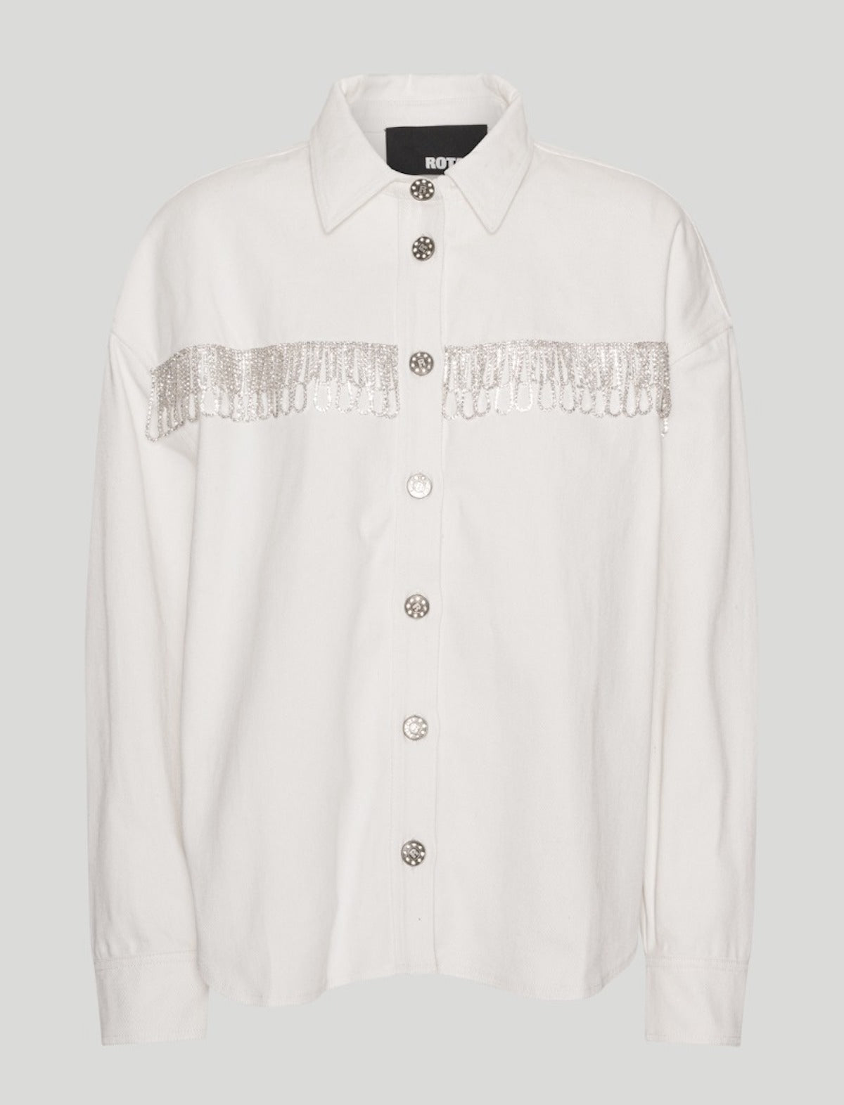 ROTATE BIRGER CHRISTENSEN Crystal Fringe Twill Denim Overshirt in White