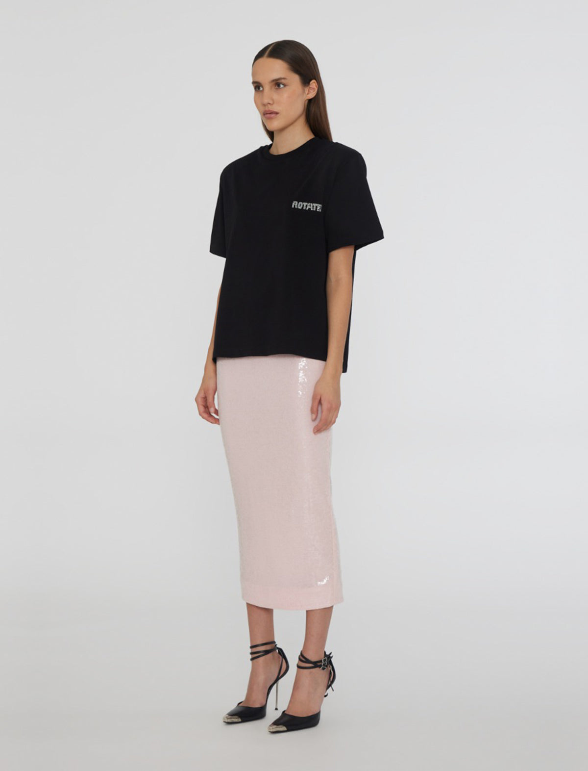 ROTATE BIRGER CHRISTENSEN Sequin Midi Pencil Skirt in Orchid Pink