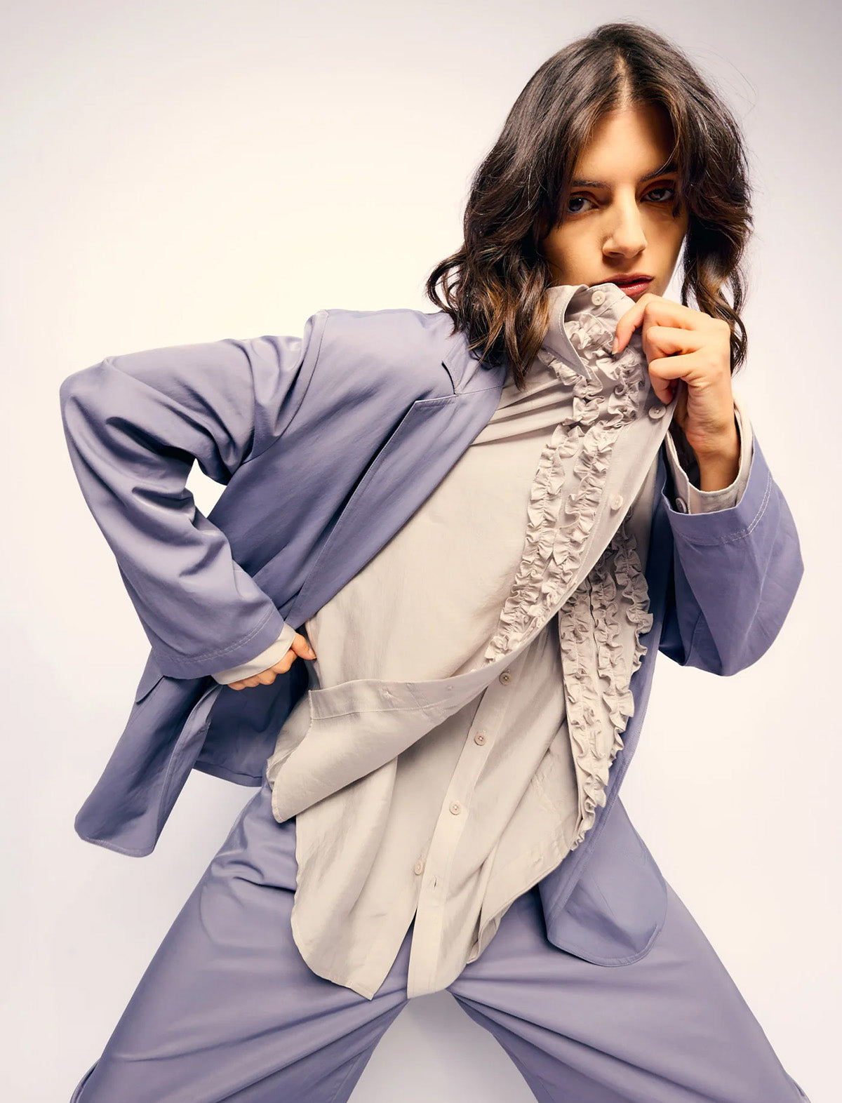 TIBI Silk Voile Easy Tuxedo Shirt in Stone