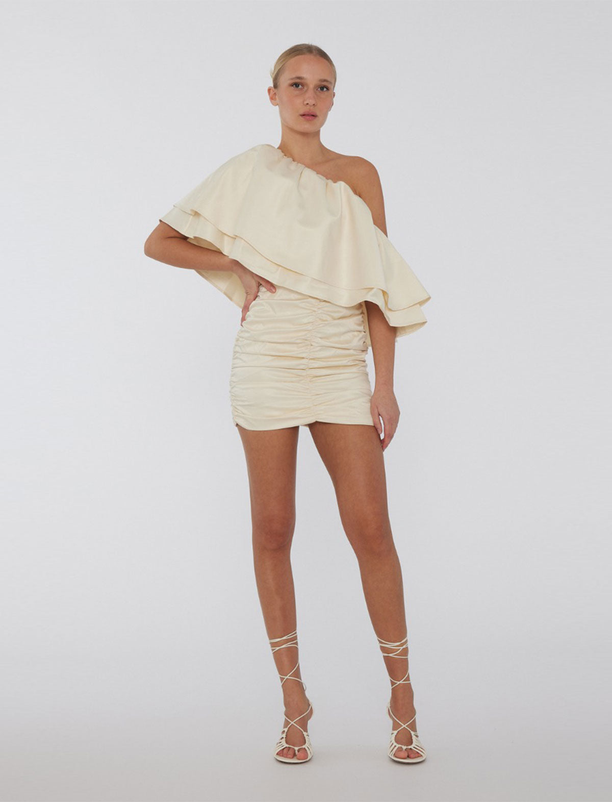 ROTATE Birger Christensen Ruched One-Shoulder Dress in Egret ROTATE Birger Christensen Ruched One-Shoulder Dress in Egret