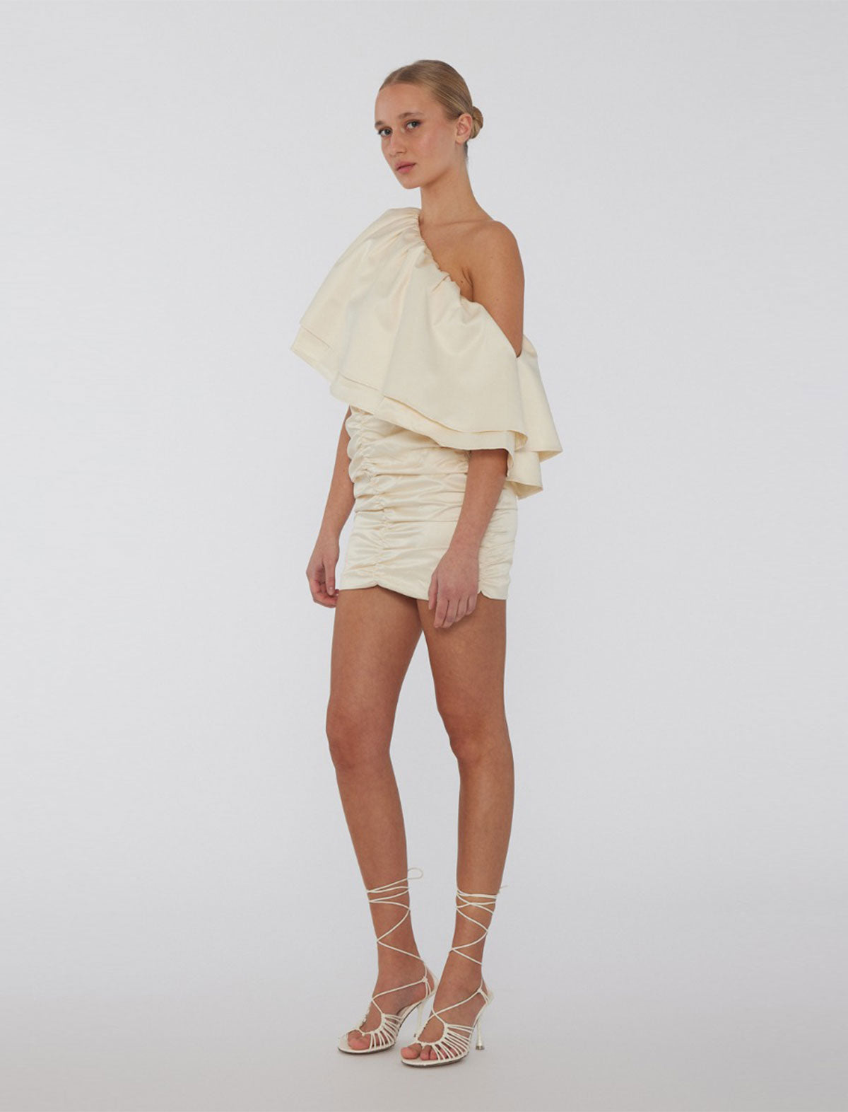 ROTATE Birger Christensen Ruched One-Shoulder Dress in Egret