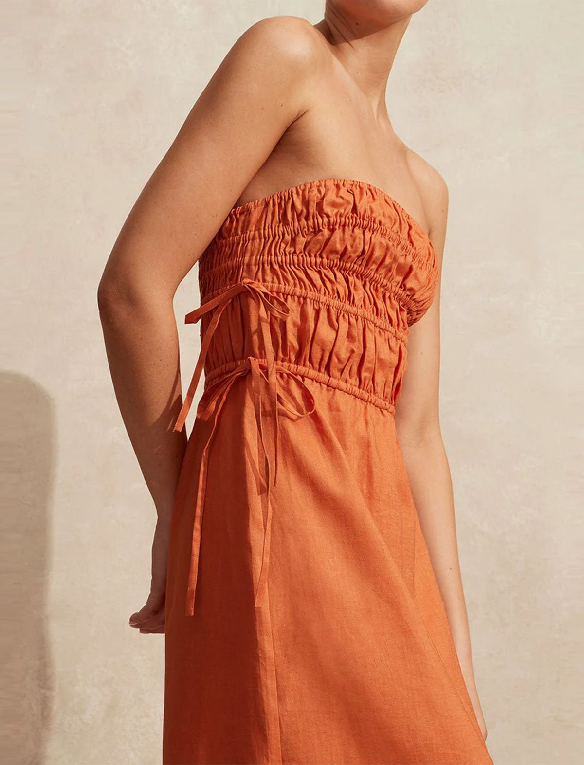 PEONY Strapless Midi Dress in Melon