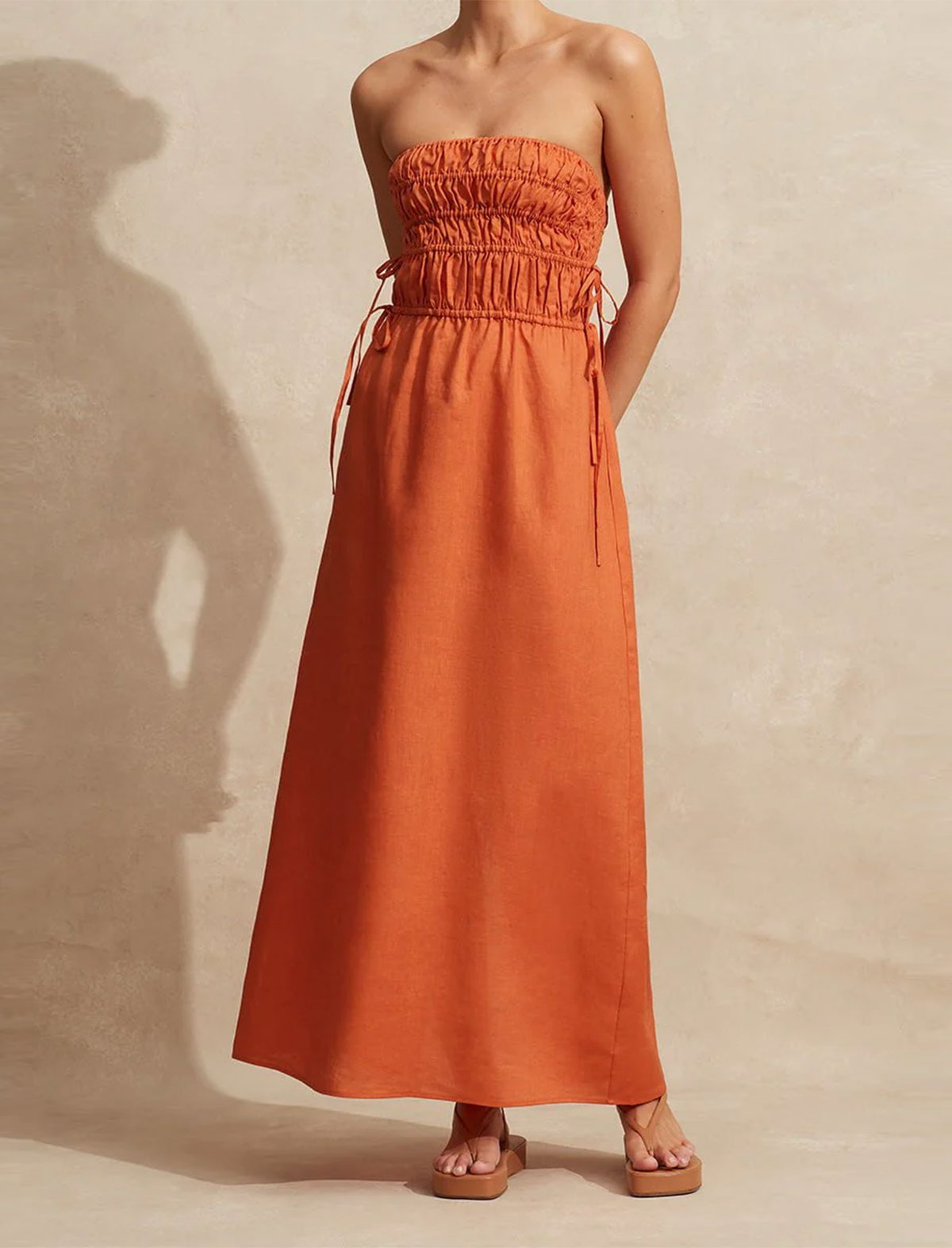 PEONY Strapless Midi Dress in Melon