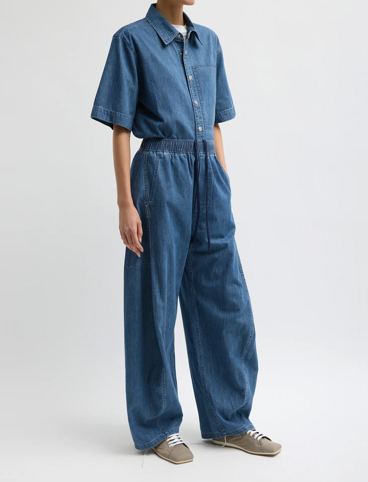TIBI Summer Denim Classic Wash Camp Shirt in Classic Blue