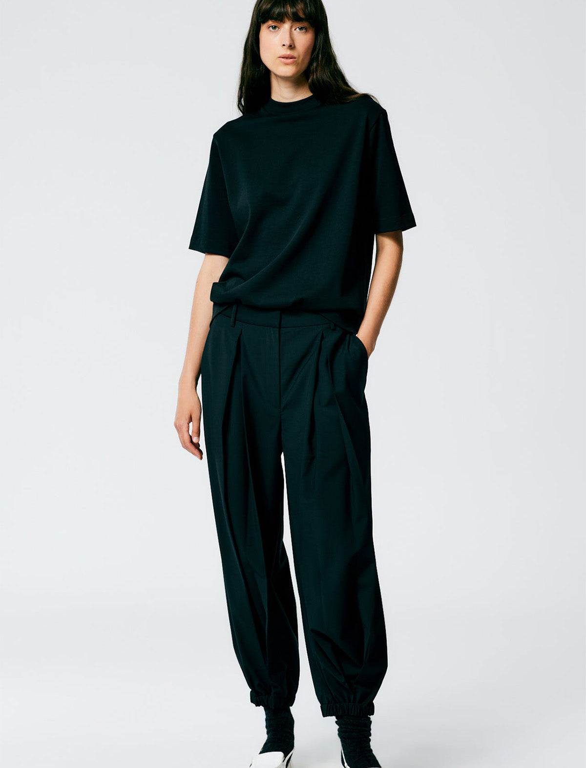 TIBI Tropical Wool Pleated Balloon Pant in Black