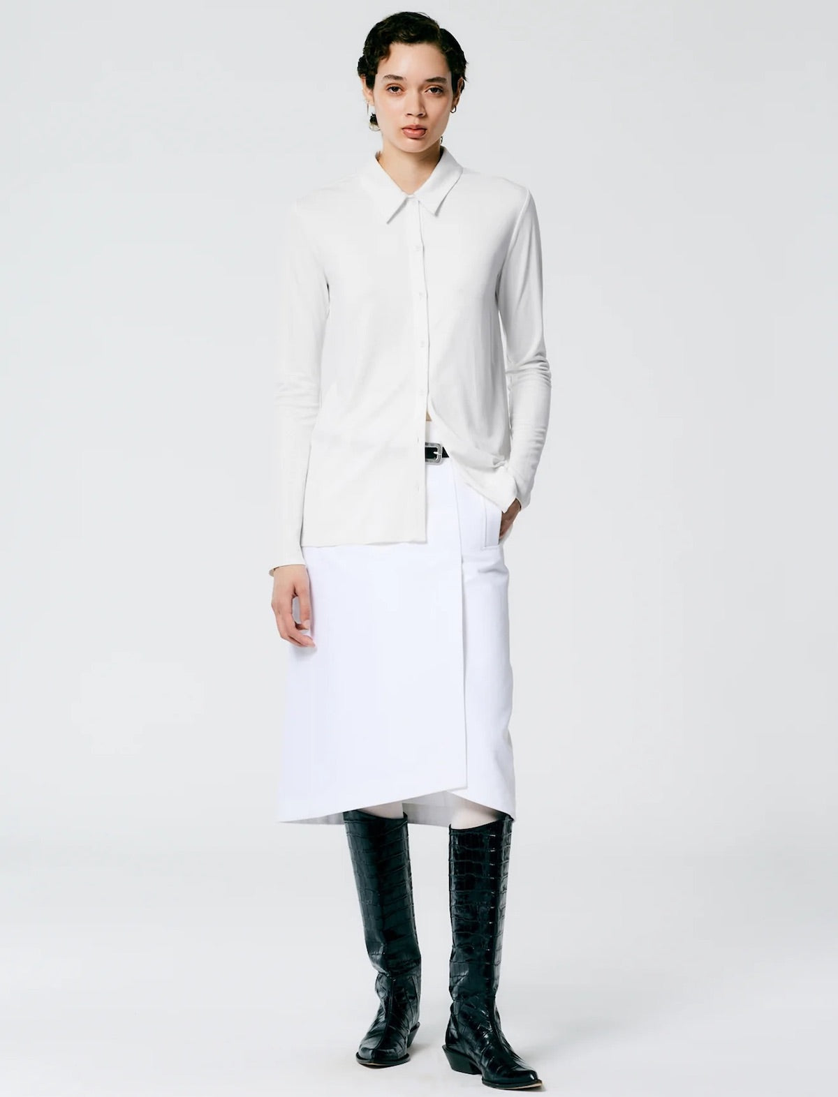 TIBI Deeba Jersey Cupro Slim Shirt in Ivory