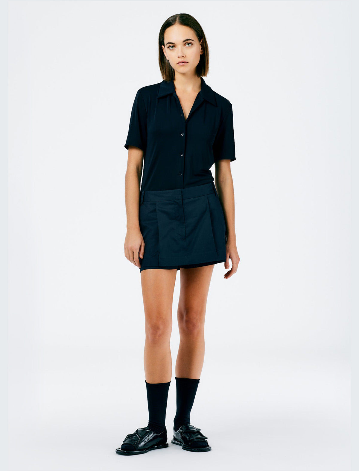 TIBI Harlow Jersey Slim Shirt in Navy