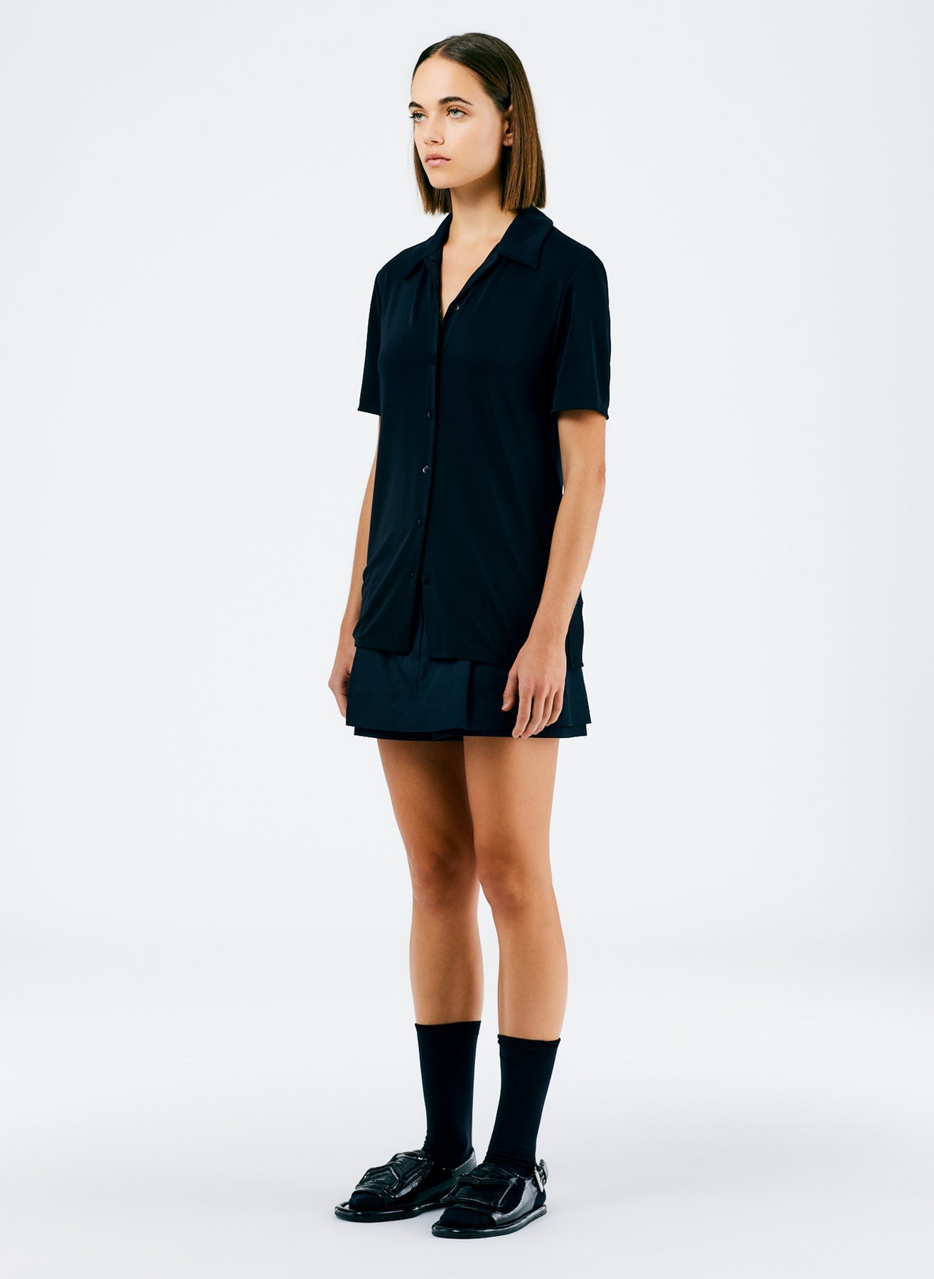 TIBI Harlow Jersey Slim Shirt in Navy