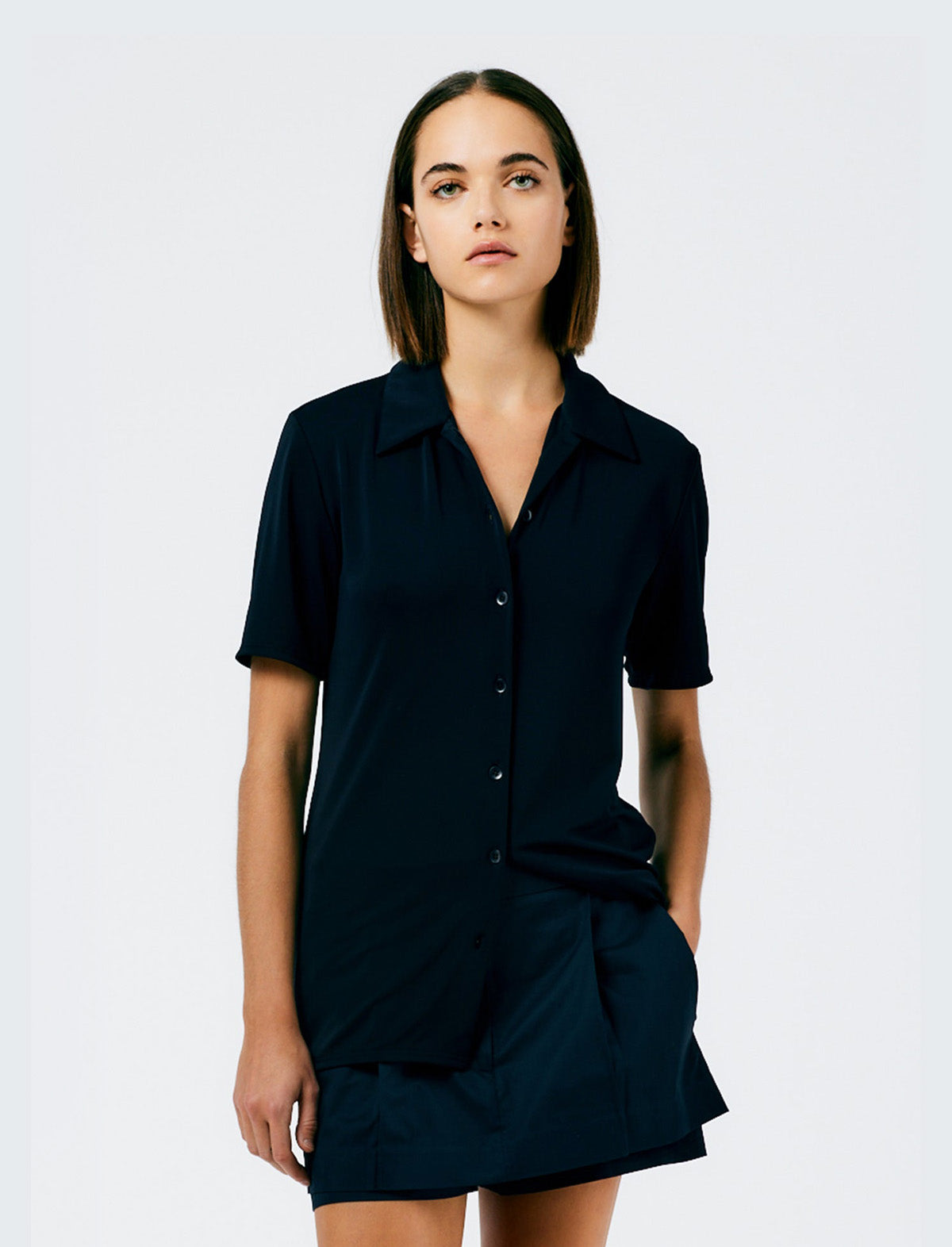 TIBI Harlow Jersey Slim Shirt in Navy